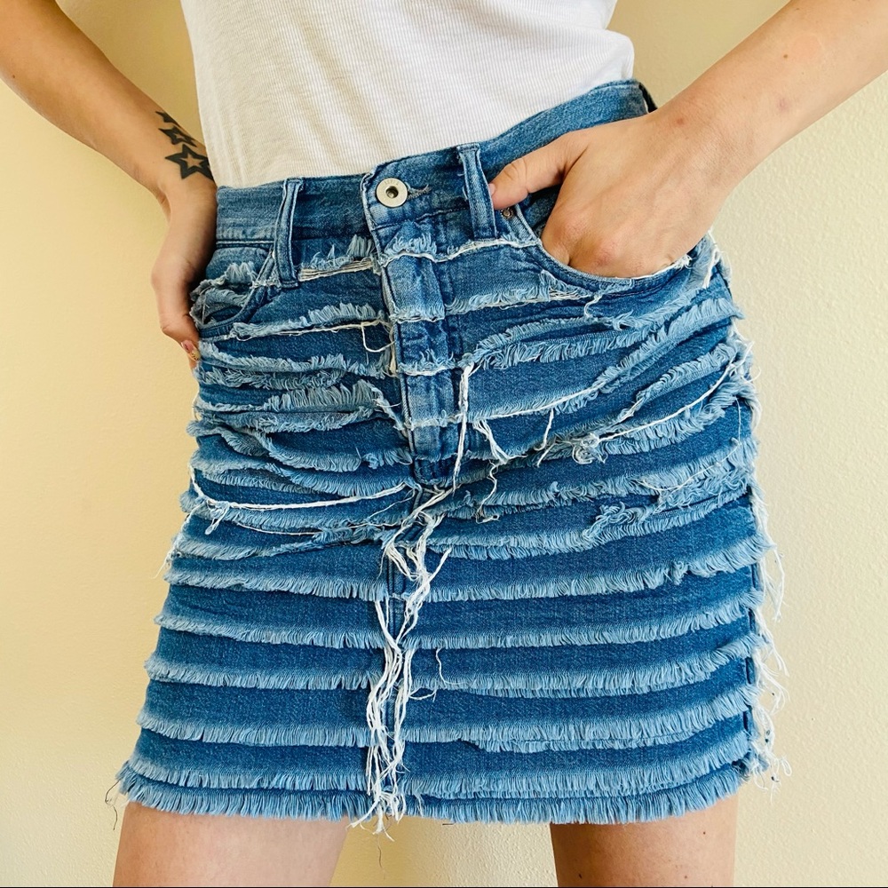 New Levi's Made & Crafted Fringe Denim Skirt $248 distressed mini
